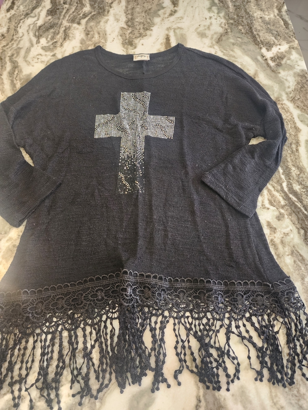 Daytrip Navy Knit Cross Fringe Hem Top